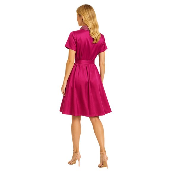 Fuchsia Shirt Dress with Waist Bow | A-Line MidiDress Short Sleeve CollaredDress - Picture 2 of 6